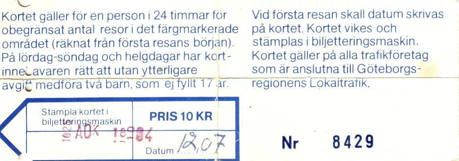 Dagkort til Göteborgs Spårvägar (GS), bagsiden (1980)