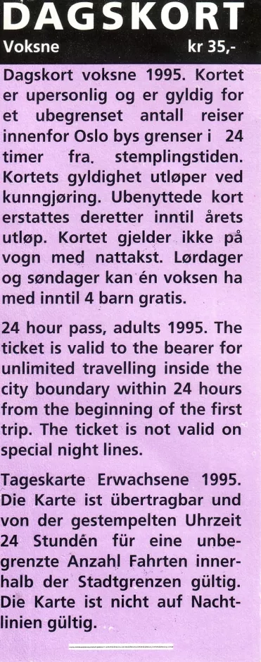 Dagkort til Sporveien, bagsiden (1995)