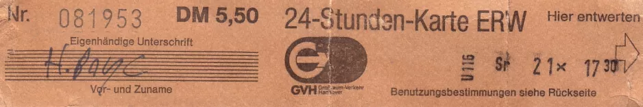 Dagkort til Üstra Hannoversche Verkehrsbetriebe (1986)