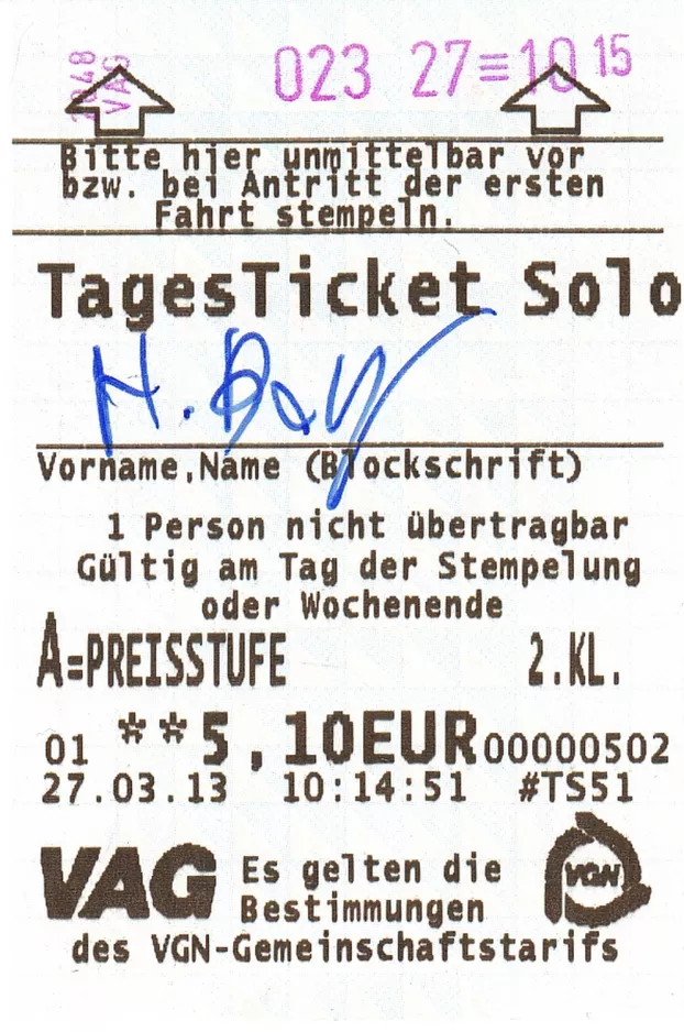 Dagkort til Verkehrs-Aktiengesellschaft Nürnberg (VAG) (2013)