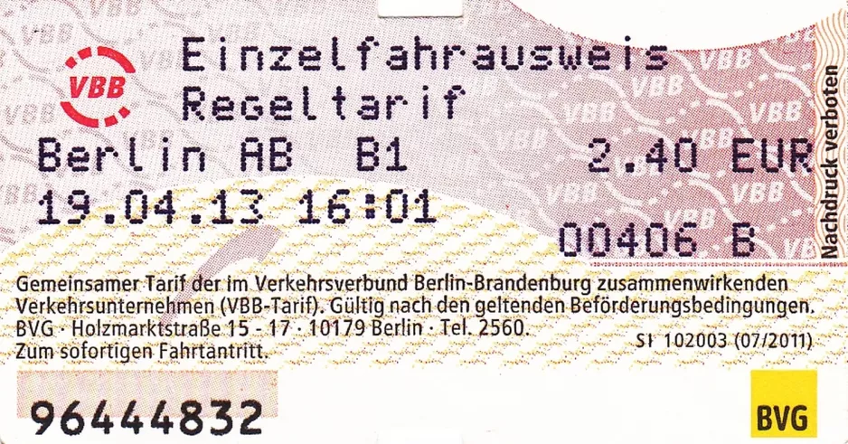 Enkeltbillet til Berliner Verkehrsbetriebe (BVG) (2013)