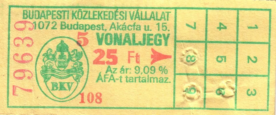 Enkeltbillet til Budapesti Közlekedési Vállalat (BKV), forsiden (1994)