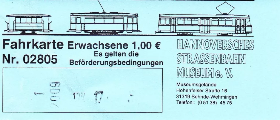 Enkeltbillet til Hannoversches Straßenbahn-Museum (HSM) (2012)