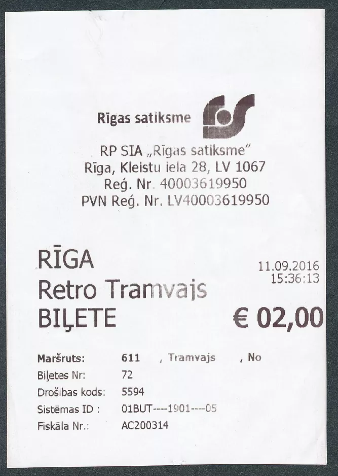 Enkeltbillet til Rīgas Satiksme, forsiden (2016)