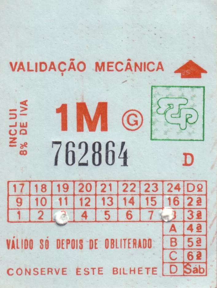 Enkeltbillet til Sociedade de Transportes Colectivos do Porto (STCP) (1988)