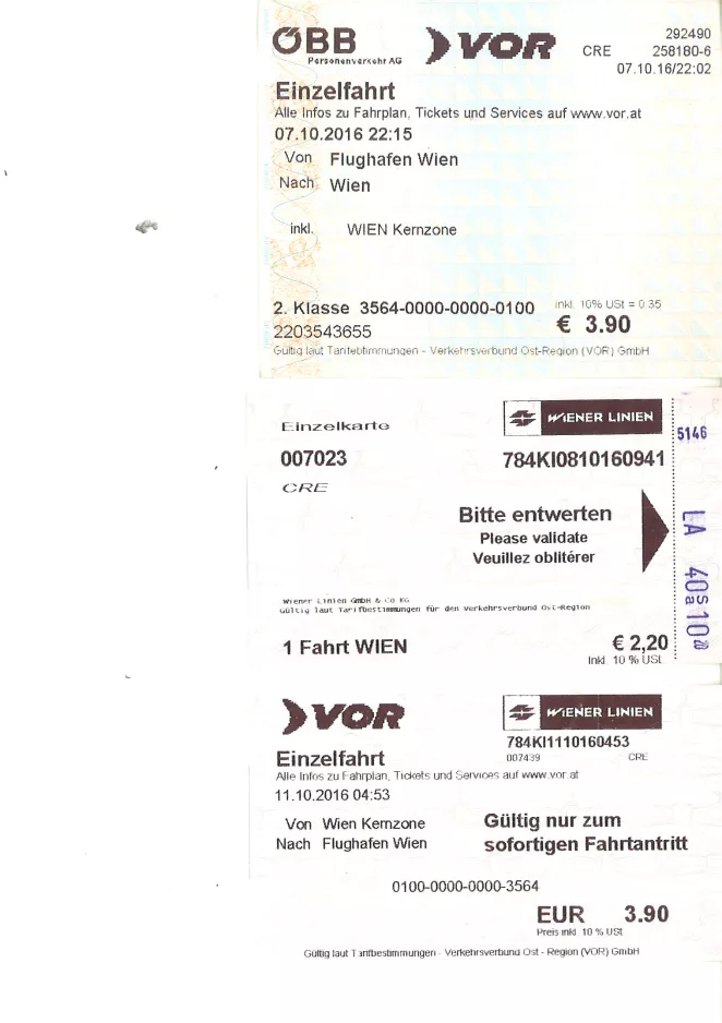 Enkeltbillet til Wiener Linien, forsiden (2016)