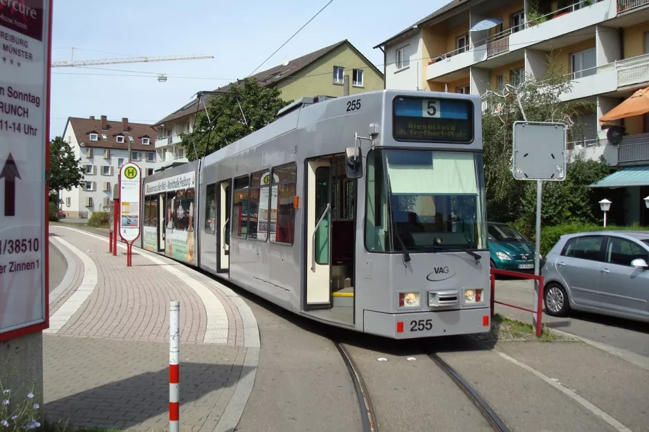 Freiburg im Breisgau sporvognslinje 5 med ledvogn 255 ved Hornusstraße (2008)