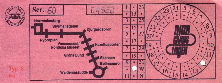 Fribillet til Djurgårdslinjen 7N, forsiden (1992)
