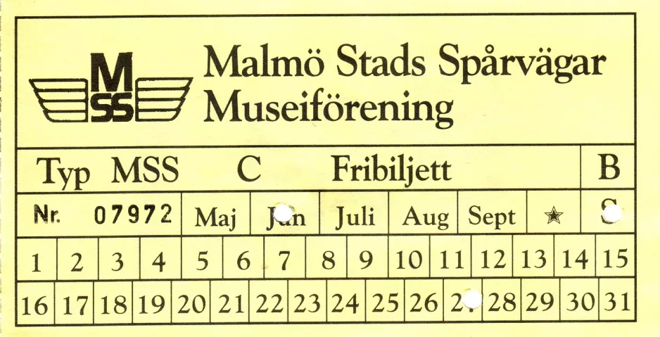 Fribillet til Malmö Stads Spårvägar (MSS), forsiden (2009)