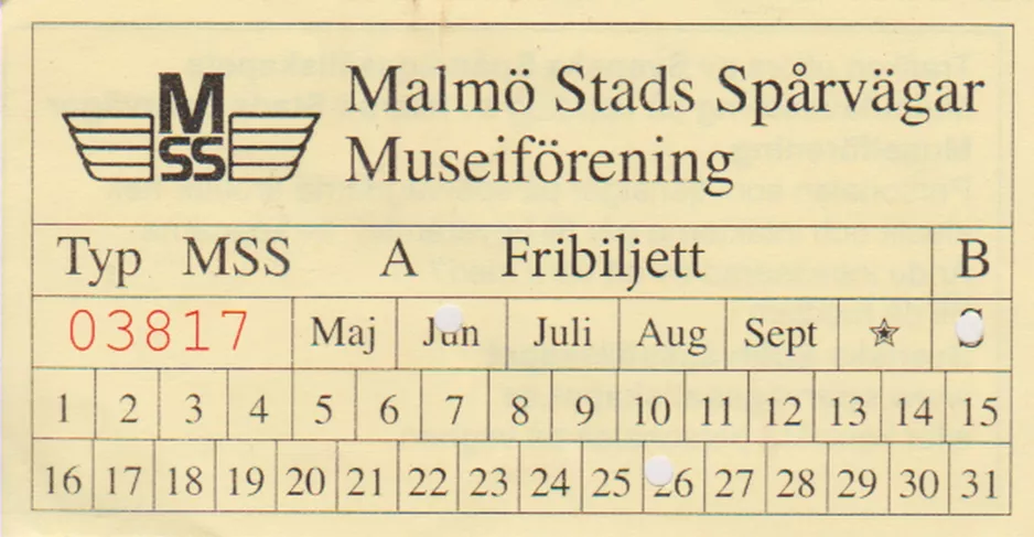 Fribillet til Malmö Stads Spårvägar (MSS), forsiden (2022)