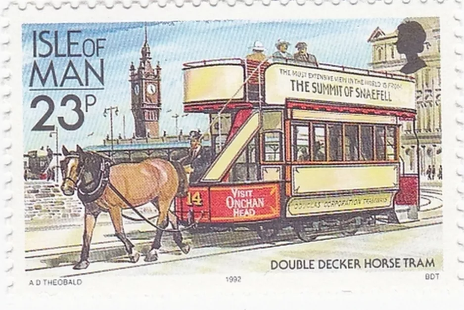 Frimærke: Douglas, Isle of Man Horse Drawn Trams med åben dobbeltdækker-hestesporvogn 14 på Harris Promenade (1992)