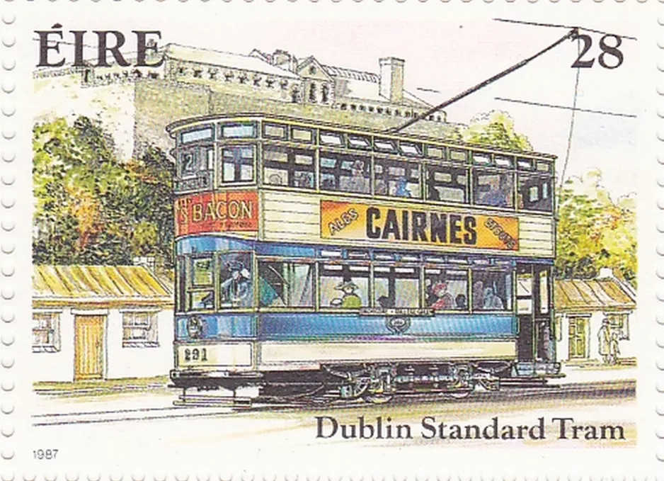 Frimærke: Dublin sporvognslinje 2 med dobbeltdækker-motorvogn 291  (1987)