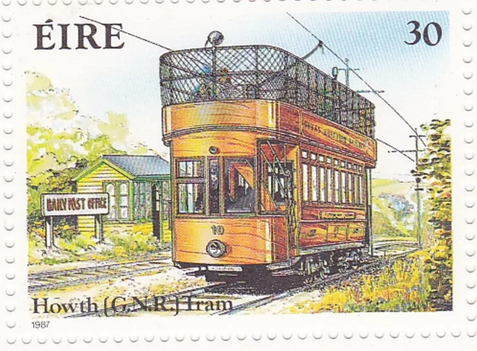 Frimærke: Howth sporvognslinje med motorvogn 10 ved Gaily Post Office (1987)