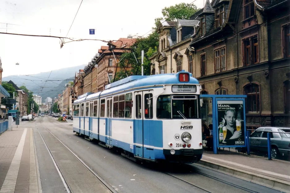 Heidelberg ekstralinje 21 med ledvogn 204 ved Betriebshof Bergheim (2003)