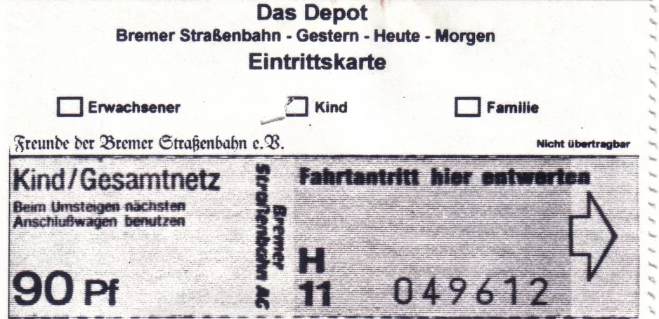 Indgangsbillet til Bremen Sporvognsmuseum (Das Depot), forsiden (2007)