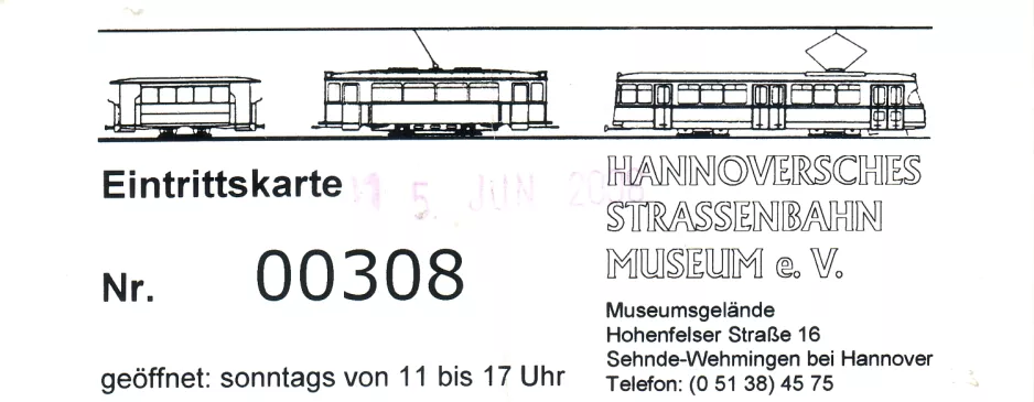 Indgangsbillet til Hannoversches Straßenbahn-Museum (HSM) (2008)