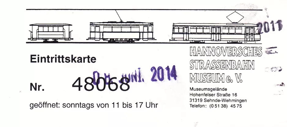Indgangsbillet til Hannoversches Straßenbahn-Museum (HSM) (2014)