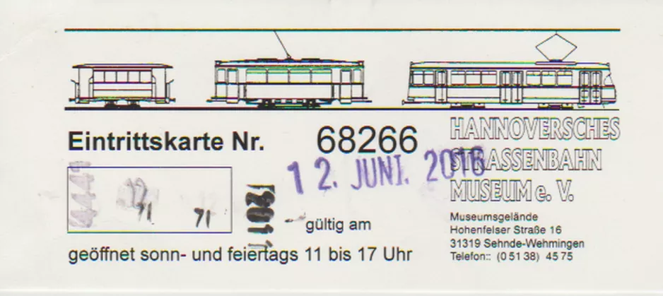Indgangsbillet til Hannoversches Straßenbahn-Museum (HSM) (2016)