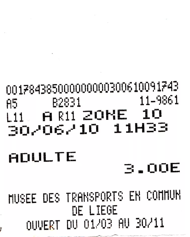 Indgangsbillet til Musée des transports en commun du Pays de Liège (2010)