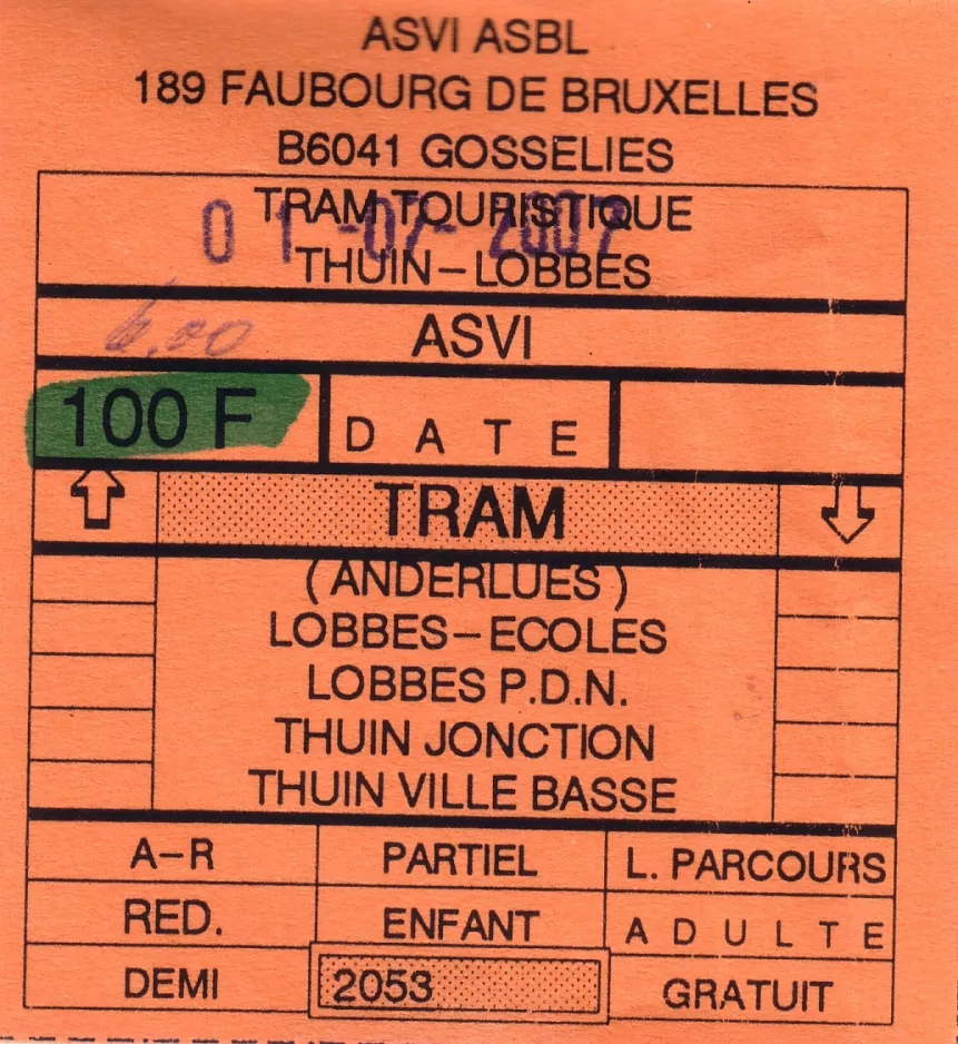 Indgangsbillet til Tramway Historique Lobbes-Thuin (2007)