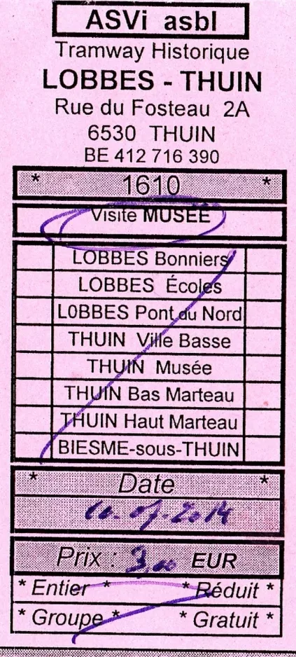 Indgangsbillet til Tramway Historique Lobbes-Thuin (2014)