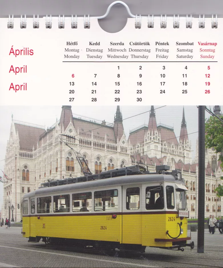 Kalender: Budapest museumslinje N19 Nosztalgia med motorvogn 2624 foran Országhás (2014)
