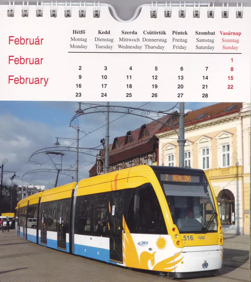 Kalender: Debrecen sporvognslinje 2 med lavgulvsledvogn 516 (2014)