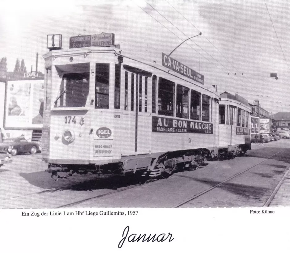 Kalender: Liège sporvognslinje 1 med motorvogn 174 ved Gare des Guillemins (1957)