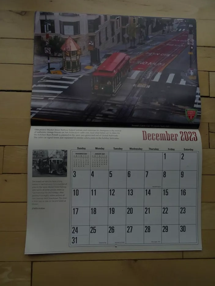 Kalender: San Francisco kabelbane Powell-Hyde med kabelsporvogn 13 i krydset California Street/Powell Street (2023)