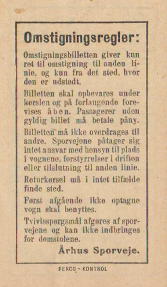 Omstigningsbillet til Århus Sporveje (ÅS), bagsiden (1954)