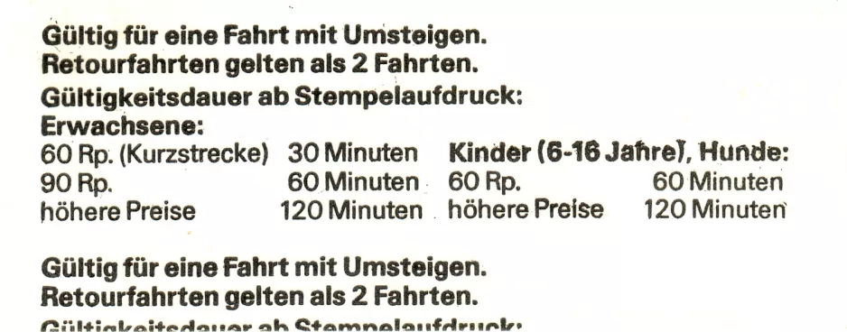 Omstigningsbillet til Basler Verkehrs-Betriebe (BVB), bagsiden (1981)