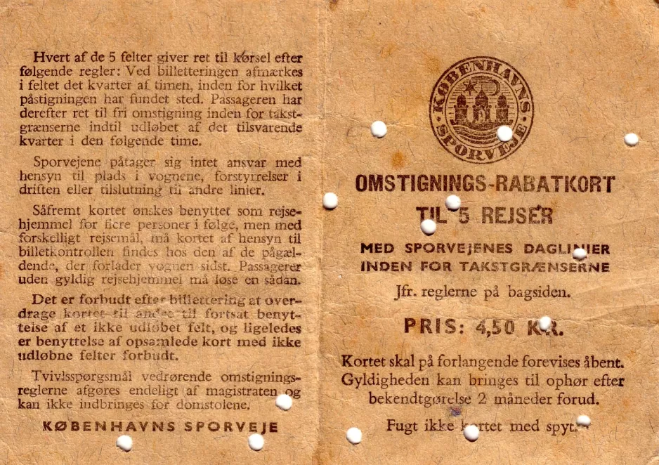 Omstigningsbillet til Københavns Sporveje (KS), bagsiden  4.50 (1963)