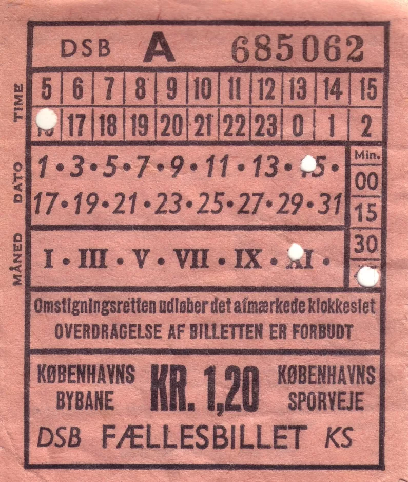 Omstigningsbillet til Københavns Sporveje (KS), forsiden  1.20 (1965)