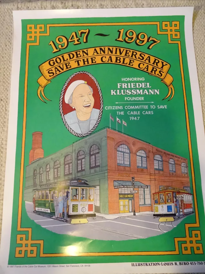 Plakat: San Francisco kabelbane Powell-Mason med kabelsporvogn 527 foran Cable Car Museum (1997)