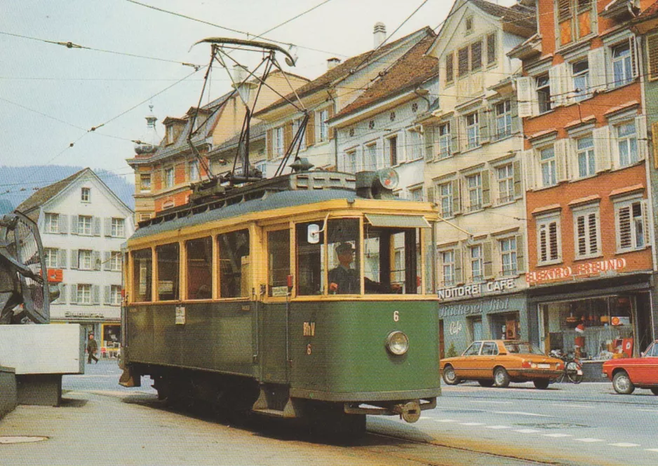 Postkort: Altstätten - Berneck med motorvogn 6 ved Altstätten Rathaus (1973)