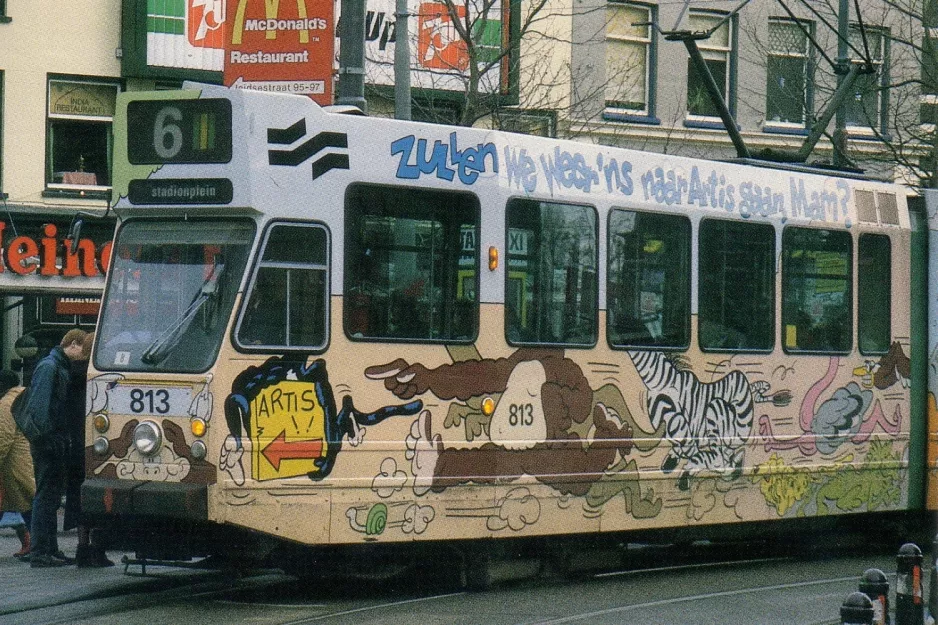 Postkort: Amsterdam ekstralinje 6 med ledvogn 813 på Leidseplein (1984)