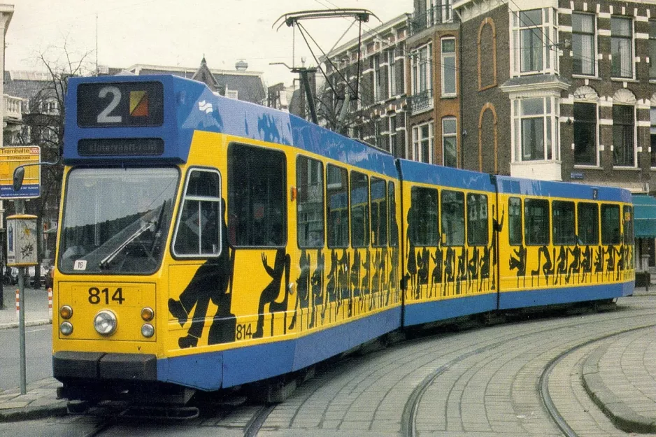 Postkort: Amsterdam sporvognslinje 2 med ledvogn 814 ved Emmastraat (1984)