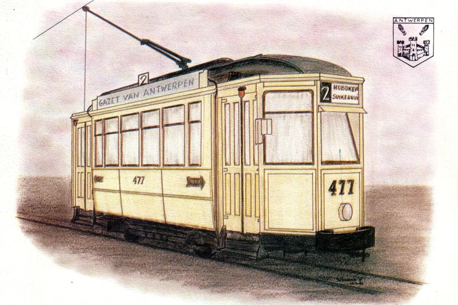 Postkort: Antwerpen sporvognslinje 2 med motorvogn 477  (1981)