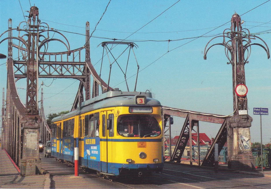 Postkort: Arad sporvognslinje 3 med ledvogn 0107 på Podul Tralian (2007)