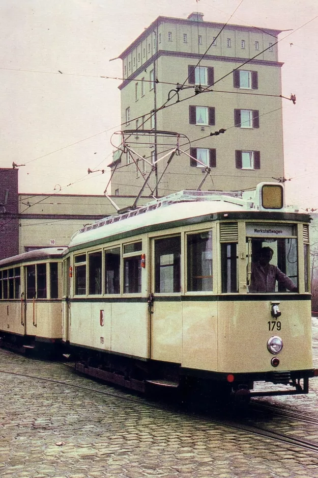 Postkort: Augsburg museumsvogn 179 ved Straßenbahnbetriebshof (1981)