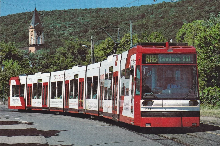 Postkort: Bad Dürkheim Rhein-Haardtbahn 4 med lavgulvsledvogn 1043 nær Bad Dürkheim Bf (1996)