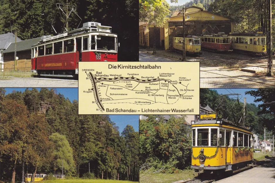 Postkort: Bad Schandau Traditionsverkehr med museumsvogn 9 ved Depot Kirnitzschtalbahn (2000)