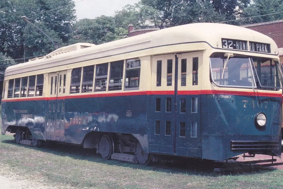 Postkort: Baltimore motorvogn 7407 på Baltimore Streetcar Museum (1990)