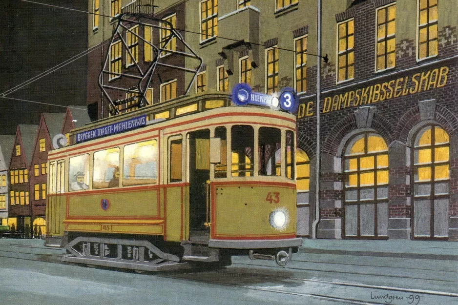 Postkort: Bergen sporvognslinje 3 med motorvogn 43 på Bryggen (1947)