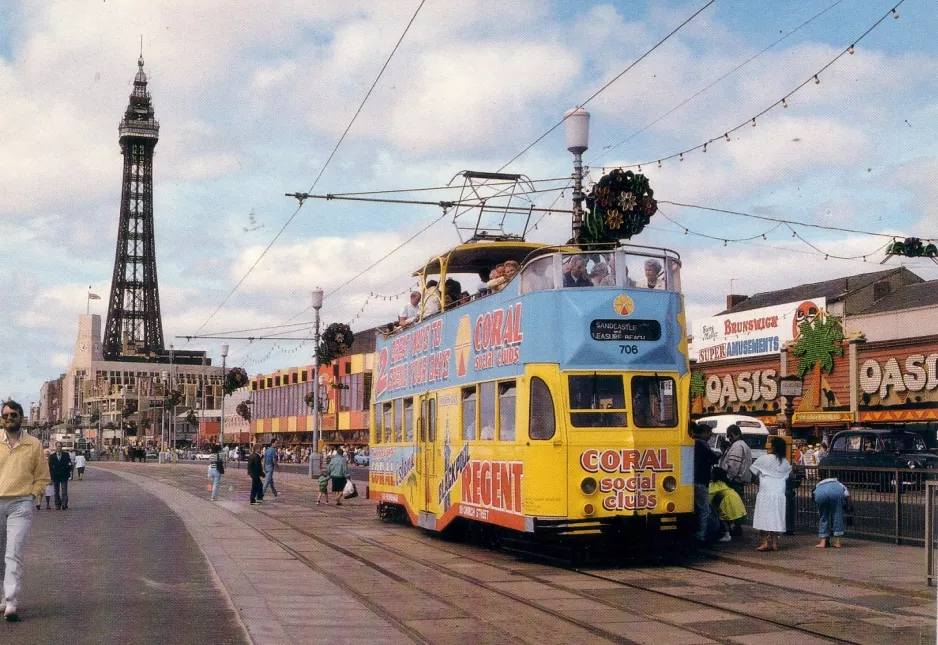 Postkort: Blackpool sporvognslinje T med museumsvogn 706 på Promenade (1989)
