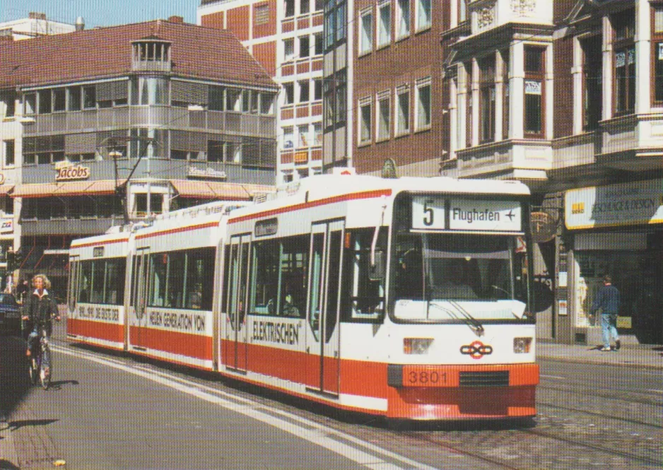Postkort: Bremen ekstralinje 5 med lavgulvsledvogn 3801 "Bremen" på Schüsselkorb (1990)
