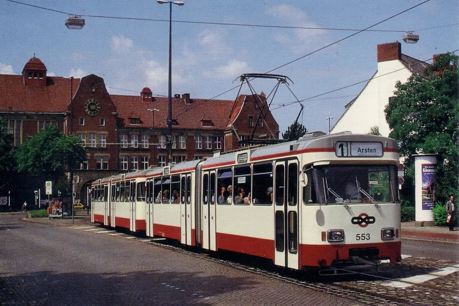 Postkort: Bremen sporvognslinje 1 med ledvogn 553 på Leibnitzplatz (1992)
