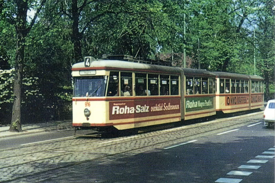 Postkort: Bremen sporvognslinje 4 med ledvogn 916 på Schwachhauser Heerstraße (1964)