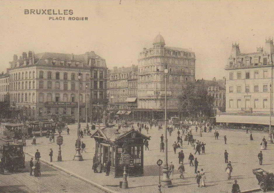 Postkort: Bruxelles sporvognslinje 60 på Place Rogier/Rogierplein (1900)