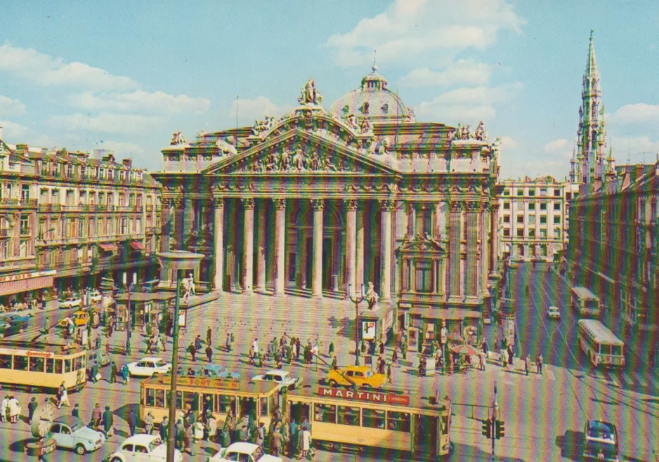 Postkort: Bruxelles sporvognslinje 74  på Beurs / Bourse (1950)